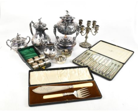 A small collection of assorted silver plate including a John Turton hand chased four piece tea service, a five branch candela