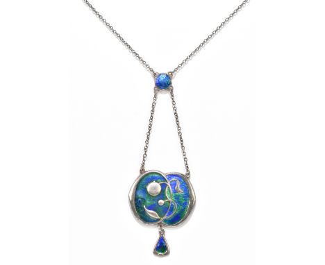 CHARLES HORNER; a George V hallmarked silver and blue/green enamel decorated Art Nouveau necklace, Chester 1911, length of pe