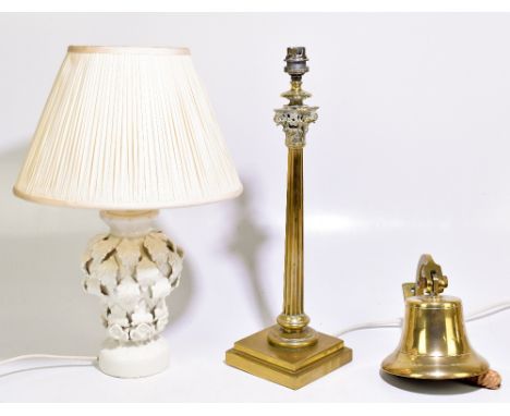 A brass Corinthian column table lamp on stepped square base, height 45cm, also a Casa Pupo ceramic lamp and a brass bell (3).