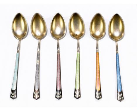 A set of six Continental 930 standard silver and enamel coffee spoons, each decorated in a different colour, length 10cm, in 