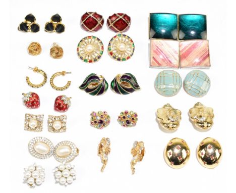 L'ANGANI; a pair of vintage 1980s gold tone and green heavy square clip earrings and a pair of silver tone square and pink st