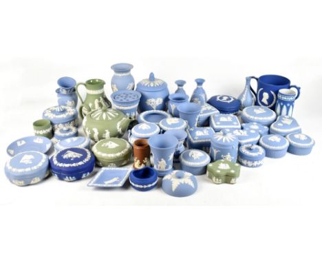WEDGWOOD; a large collection of predominantly pale blue jasperware, also several pieces of green jasperware and two pieces of