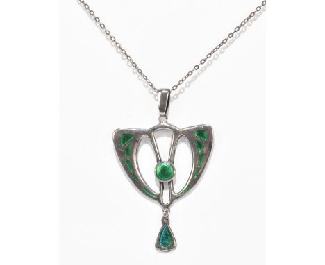 CHARLES HORNER; an Edwardian hallmarked silver and green enamelled Art Nouveau pendant of pierced form, Chester 1909, length 