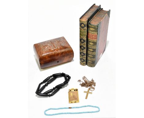 A group of collectors' items comprising a Ronson gold plated lighter, a gold plated cross on long chain (possibly that of a m