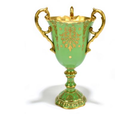 COALPORT; a ceramic tyg with gilded interior and floral decoration on a green ground, printed and painted marks to the unders