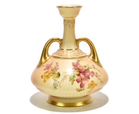 ROYAL WORCESTER; a twin handled blush ivory vase, hand painted with floral detail with gadrooned lower body, puce factory mar