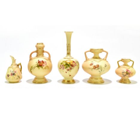 ROYAL WORCESTER; five pieces of blush ivory including two squat twin handled vases, the larger numbered 1809, height 11cm, a 