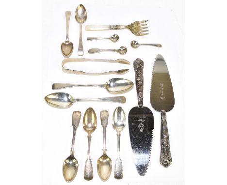A group of hallmarked silver flatware comprising six various teaspoons, pair of dessert spoons, pair of silver sheath handled