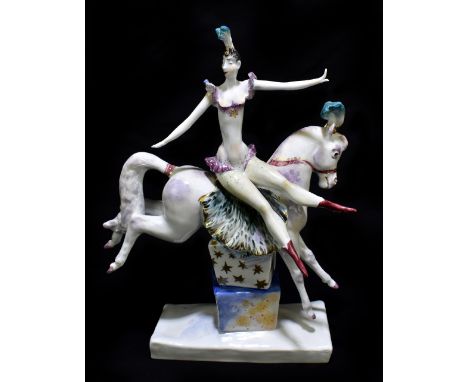 MEISSEN; a 20th century abstract figure 'Circus Princess' designed by Peter Strang, painted marks to base, also painted numbe