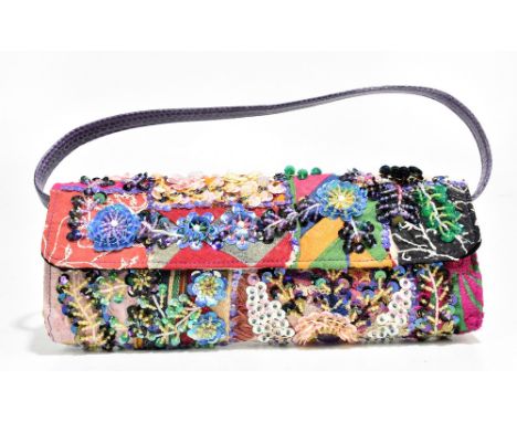ANNA; a multicoloured embroidered bag embellished with sequins and beads in the form of flowers and leaves, with a purple sna
