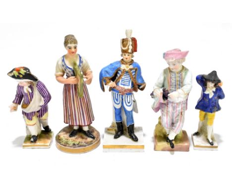 MEISSEN; a late 19th century figure standing beside a column, wearing a blue cloak, height 12cm, together with four further C