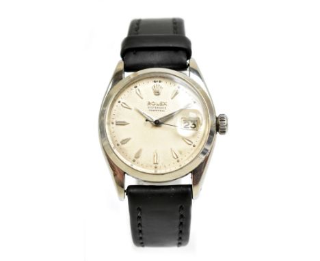 ROLEX; a gentleman's stainless steel oyster date perpetual wristwatch, date aperture and replaced strap but with Rolex buckle