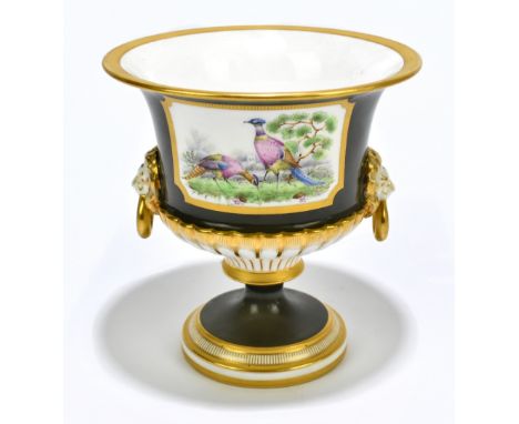 ROYAL WORCESTER; a twin handled pedestal urn vase with central panel depicting exotic birds in landscape, indistinctly signed