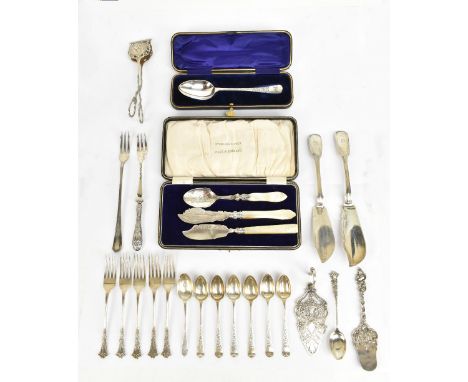 A group of 19th century and later British hallmarked and Continental 800 grade silver flatware including fish knife, spoons, 