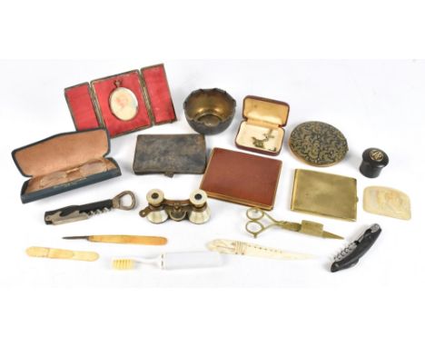 A group of collectors' items including a portrait miniature in case, a pair of opera glasses (lacking handle), compact, walle