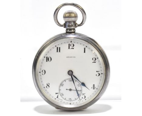 STAYTE; a hallmarked silver open face crown wind pocket watch with white enamel dial set with Arabic numerals and subsidiary 