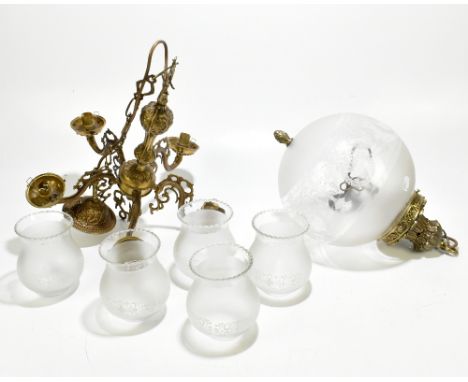 A French Rococo style gilt brass five branch ceiling light with shade, height 45cm, and an Edwardian style spherical hall lig