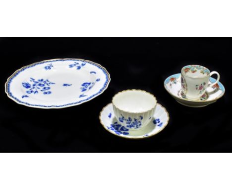 WORCESTER; an 18th century floral decorated cup and saucer with turquoise decorated border, a blue floral decorated Worcester