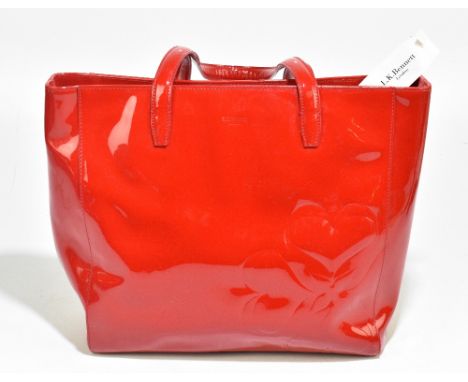 L K BENNETT LONDON; an unused with tags large patent leather 'T T Betty' pillar box red handbag with embossed floral decorati