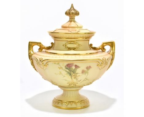 ROYAL WORCESTER; a twin handled pedestal vase and cover, painted with thistles with moulded gilt decoration, numbered 1707, h