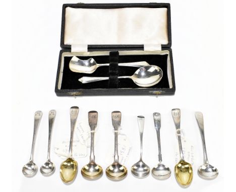 JOSEPH WILMORE; a hallmarked silver condiment spoon, Fiddle, Shell and Thread pattern, Birmingham 1922, with eight further co