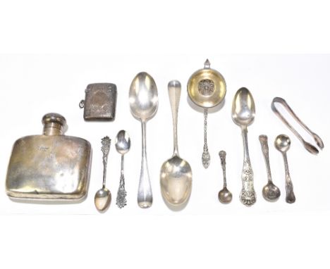 An Edwardian silver hip flask, Chester 1910, together with a silver vesta case, two silver Rat Tail pattern dessert spoons, a