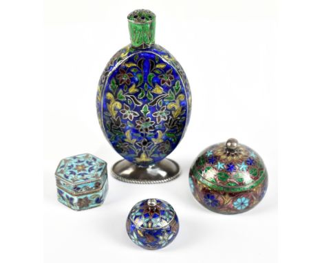 Three sterling silver pill boxes, each with cloisonné decoration including a circular lidded example, also a similar ovoid sh