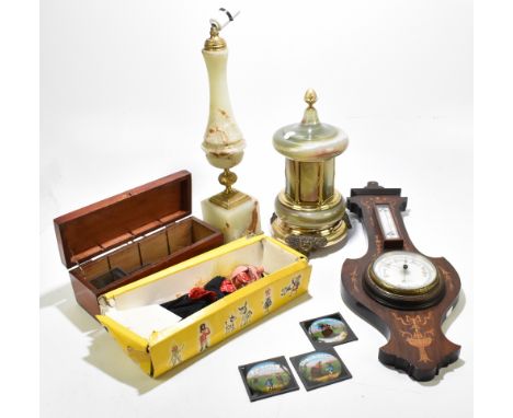 An Italian onyx musical cigarette dispenser, height 35cm, with an onyx lamp, a Pelham puppet of a witch, an Edwardian baromet