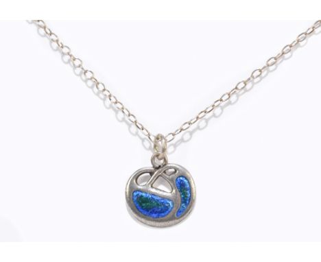 CHARLES HORNER; a George V hallmarked silver and blue/green enamel decorated pierced Art Nouveau pendant, length including ba