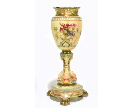 ROYAL WORCESTER; a blush ivory pedestal vase and stand with reticulated rim, the main body painted with thistles, raised on a