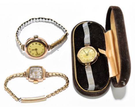 Two lady's 9ct gold wristwatches, comprising a circular watch with Roman numeral dial, the case and movement stamped R.W.C an