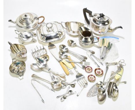 A collection of 19th century and later silver plated wares to include an Elkington lobed square entrée dish and cover, a thre