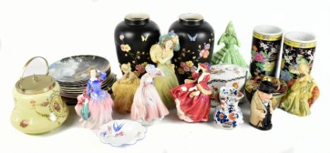 A group of decorative ceramics including three Wade cellulose figures, a Carlton Ware Rouge Royale circular jar and cover, th
