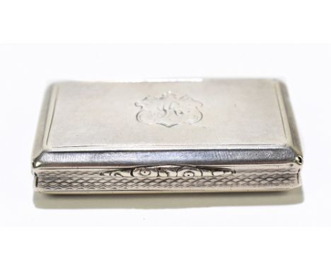 NATHANIEL MILLS; a Victorian hallmarked silver snuff box of rectangular form with engine turned decoration surrounding a shie