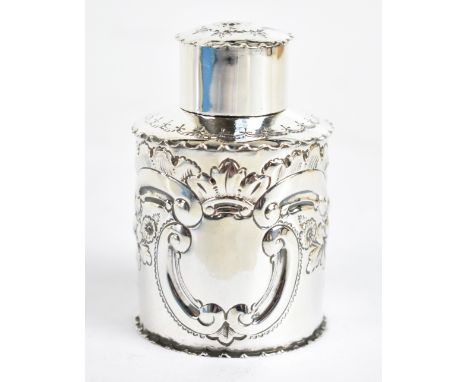 DEAKIN &amp; FRANCIS; a late Victorian embossed silver tea caddy and cover, Birmingham 1896, height 8.5cm, 2ozt/62g.Additiona