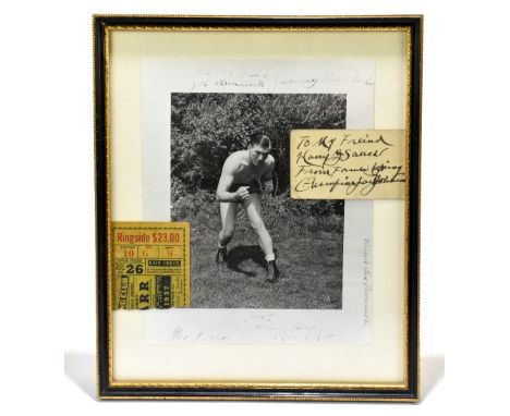 BOXING INTEREST; a sepia photograph of Tommy George Farr, former light heavy weight champion, also framed with a ticket stub,