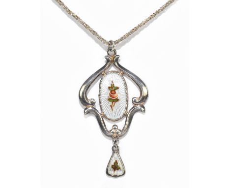 CHARLES HORNER; a sterling silver and floral painted white enamel decorated Art Nouveau pierced pendant, stamped sterling and