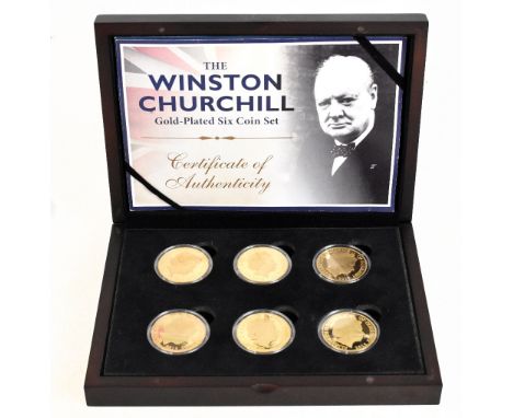 The Winston Churchill gold plated six coin set limited edition 129/495 issued in 2015 for Guernsey, in original box with cert