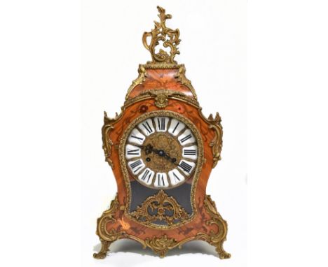 A large decorative French inspired inlaid kingwood veneered and brass mounted mantel clock with Roman numerals to the dials, 