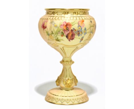 ROYAL WORCESTER; a blush ivory chalice with moulded and hand painted floral detail above a single knop stem, with mythical be