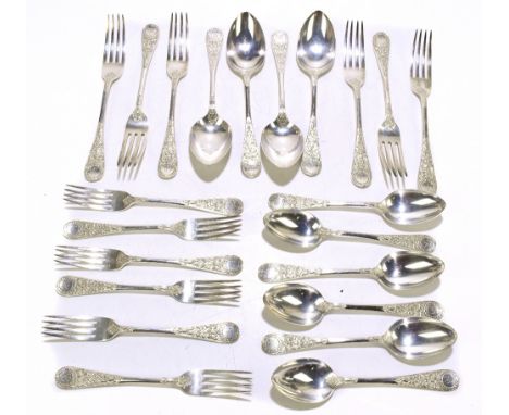 MARTIN, HALL &amp; CO; a Victorian hallmarked silver twenty-two piece part cutlery service comprising four servings spoons, s