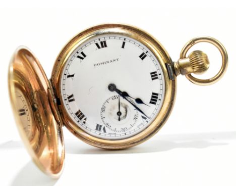 DOMINANT; a gold plated hunter pocket watch, the enamel dial with Roman numerals and subsidiary seconds, case numbered 858192