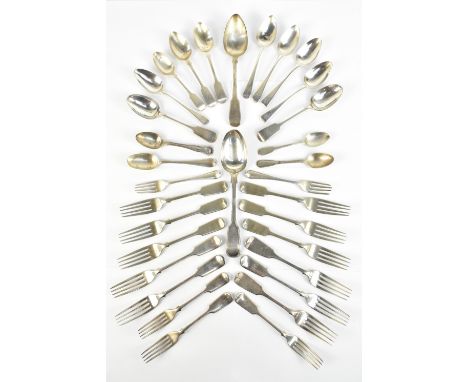 A quantity of 19th century hallmarked silver flatware (various hallmarks), combined approx 16ozt/496g, also a plated serving 
