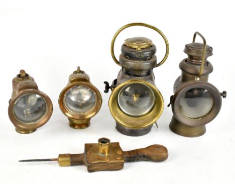 MILLER; a brass lamp, together with two brass cased bike lamps and an unusual tool/chamber stick, length 35cm, (5).Additional