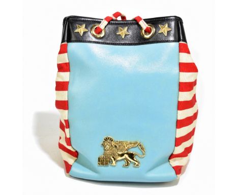 MOSCHINO BY REDWALL; a vintage 1989 'I Love Venice' blue, red and white cloth and light blue leather shoulder bag designed by