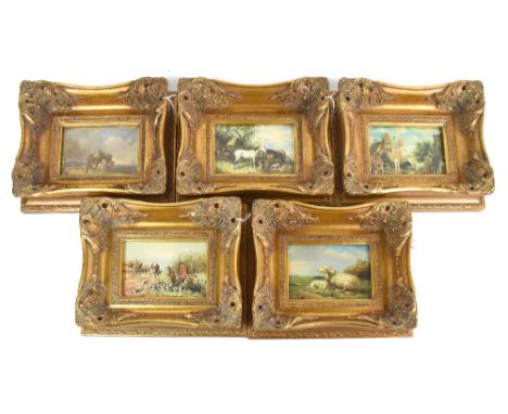 Five modern decorative prints, various scenes including hunting interest, rural scenes, average size 13 x 17cm, each in ornat