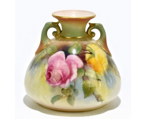 ROYAL WORCESTER; a hand painted squat twin handled vase decorated with roses, green factory mark to the underside, height 8cm