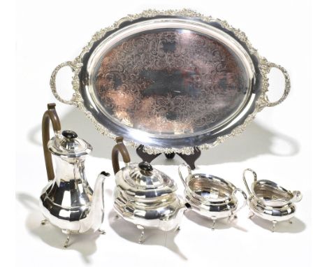 An Elizabeth II hallmarked silver four piece silver tea set of panelled oval form, Viners, Sheffield 1957, height of hot wate