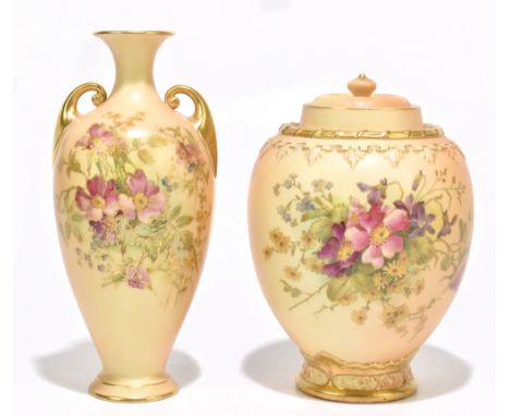 ROYAL WORCESTER; a twin handled urn shaped vase with floral decoration, height 19.5cm, together with a further potpourri and 