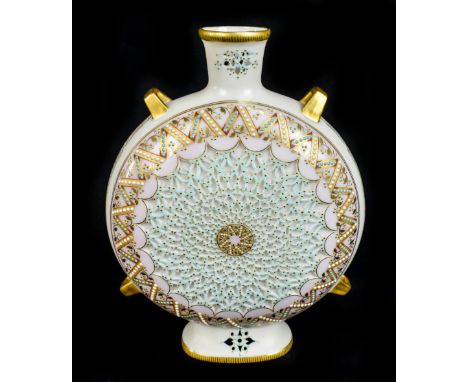 ROYAL WORCESTER; a reticulated blush ivory moon flask in the manner of George Owen, with turquoise and white jewelled decorat